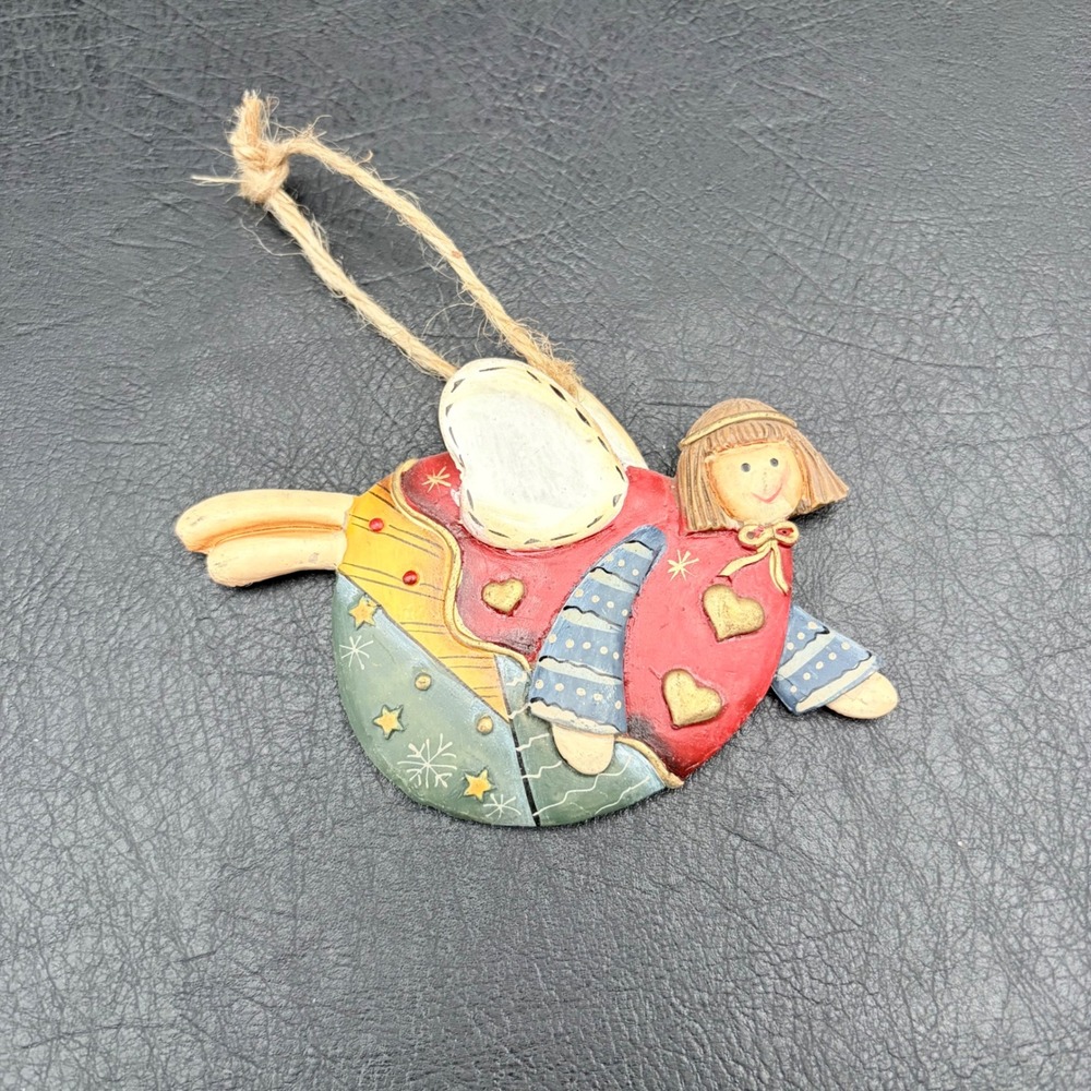 Vintage Folk Art Flying Angel Christmas Ornament Resin Patchwork Design 4 Inch